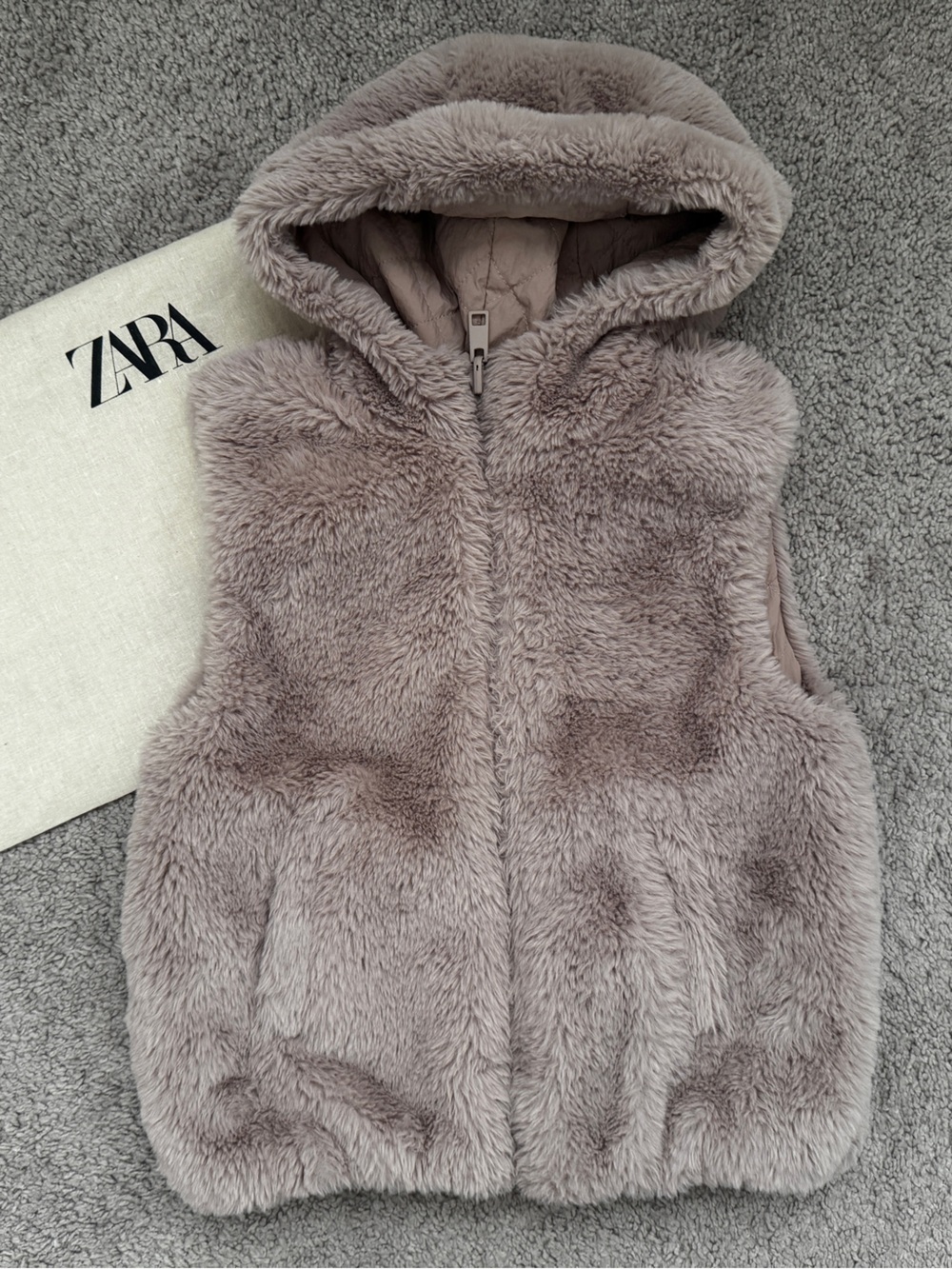 Zara Plush Hooded Vest in Taupe Gray